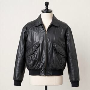 Vintage Byrnes & Baker Black Leather Bomber Jacket Mens M Zip Front Ribbed Trim